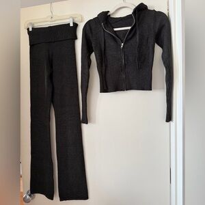 Black cropped knit Hoodie & Wide-Leg Pants Set